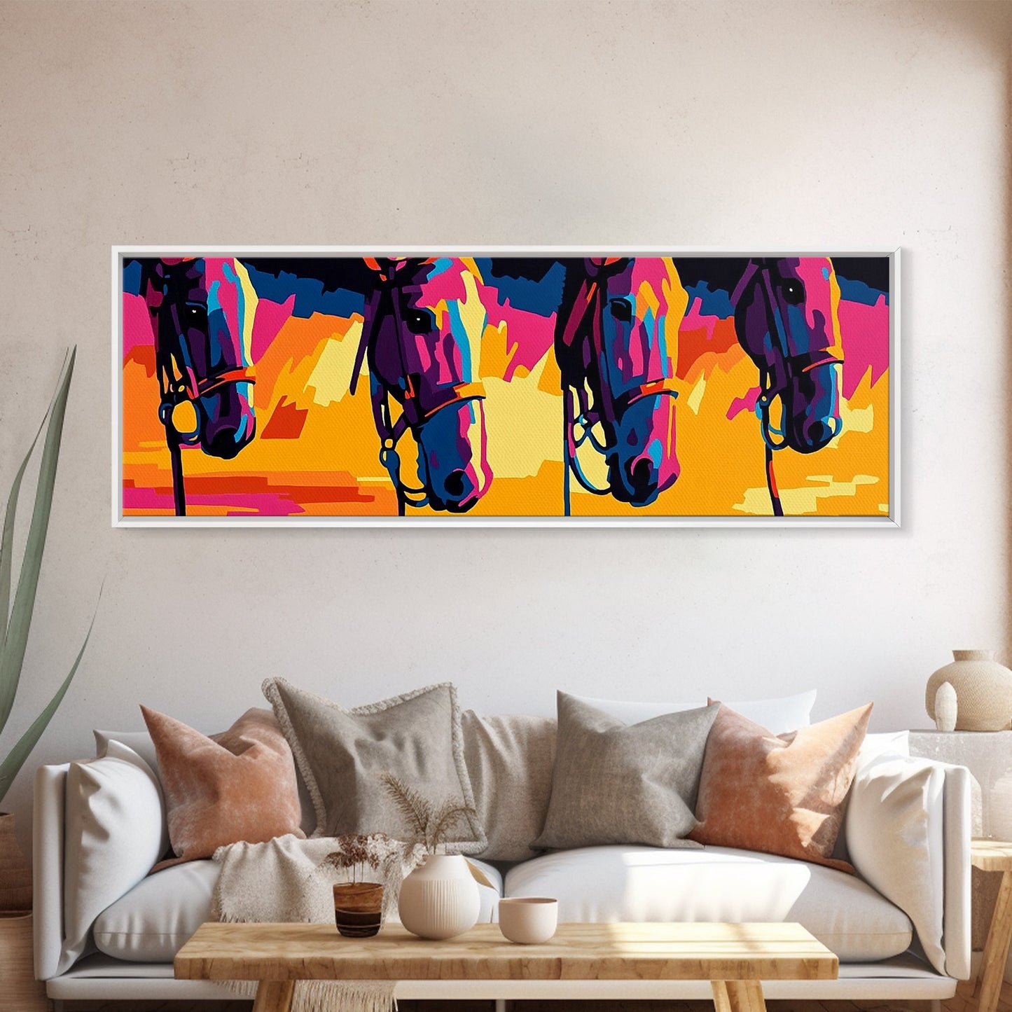 Colorful Horses, horse wall art, pink orange wall art, extra wide art, southwestern art, blotter art, Canvas Print, geometric wall art