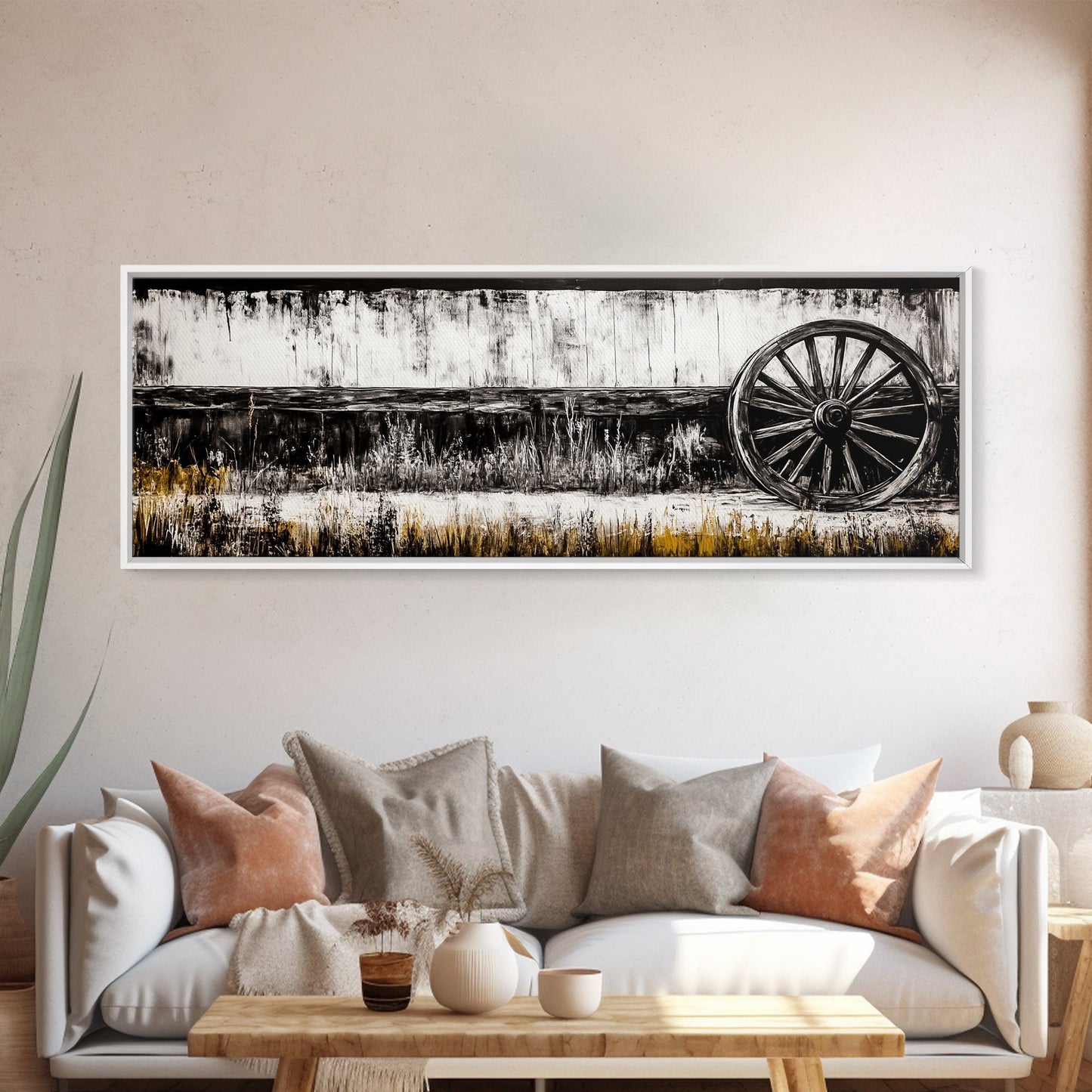 Wagon Wheel, barn landscape oil painting, black and white art, rustic decor, farmhouse art, extra wide art, Framed Canvas Print, moody art