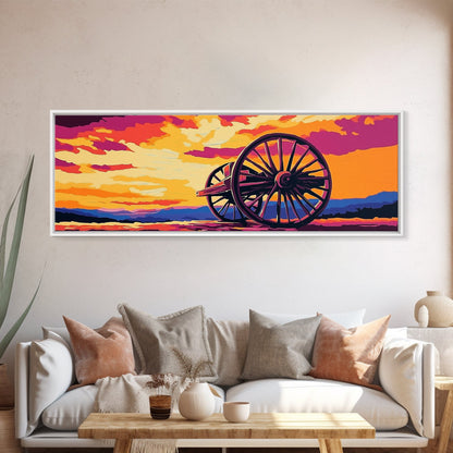 Sonnenuntergangs-Wagenrad, pink-orangefarbene Wandkunst, Kunst in kräftigen Farben, Boho-Kunst, Panoramagemälde, extrabreites Kunstwerk, gerahmter Leinwanddruck, Landschaftsmalerei