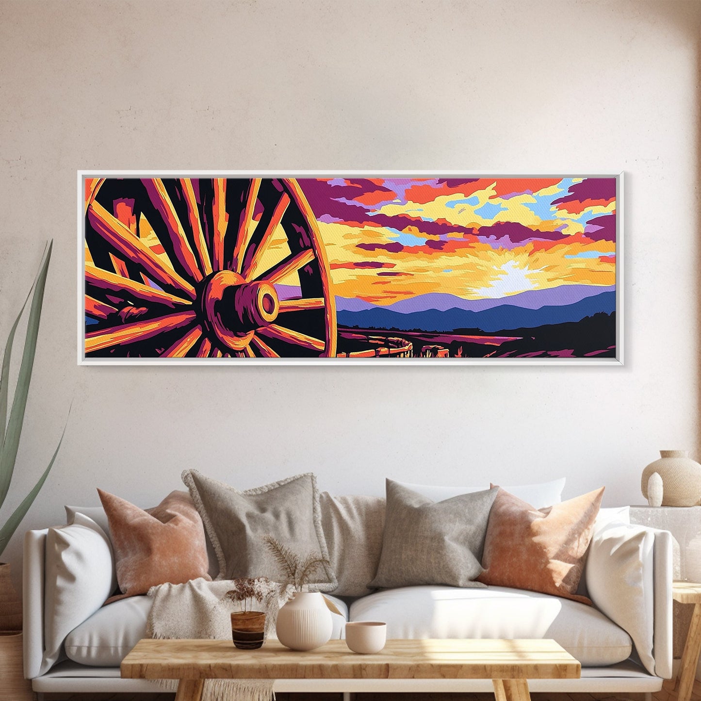 Lebendiger Sonnenuntergang mit Wagen, abstrakte Kunst in Rosa, Mohnblumen-Wandkunst, Boho-Kunst, Panoramagemälde, extra breites Kunstwerk, gerahmter Leinwanddruck, Vintage-Wandkunst