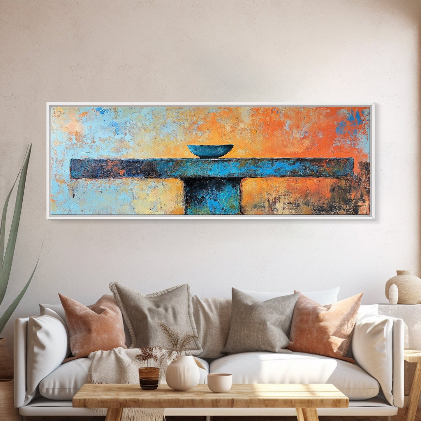 Blaue Schale, minimalistische Kunst, Wabi-Sabi-Kunst, extra breites Kunstwerk, gerahmter Leinwanddruck, salbeigrünes Wandbild, horizontales Wandbild, Therapiekunst