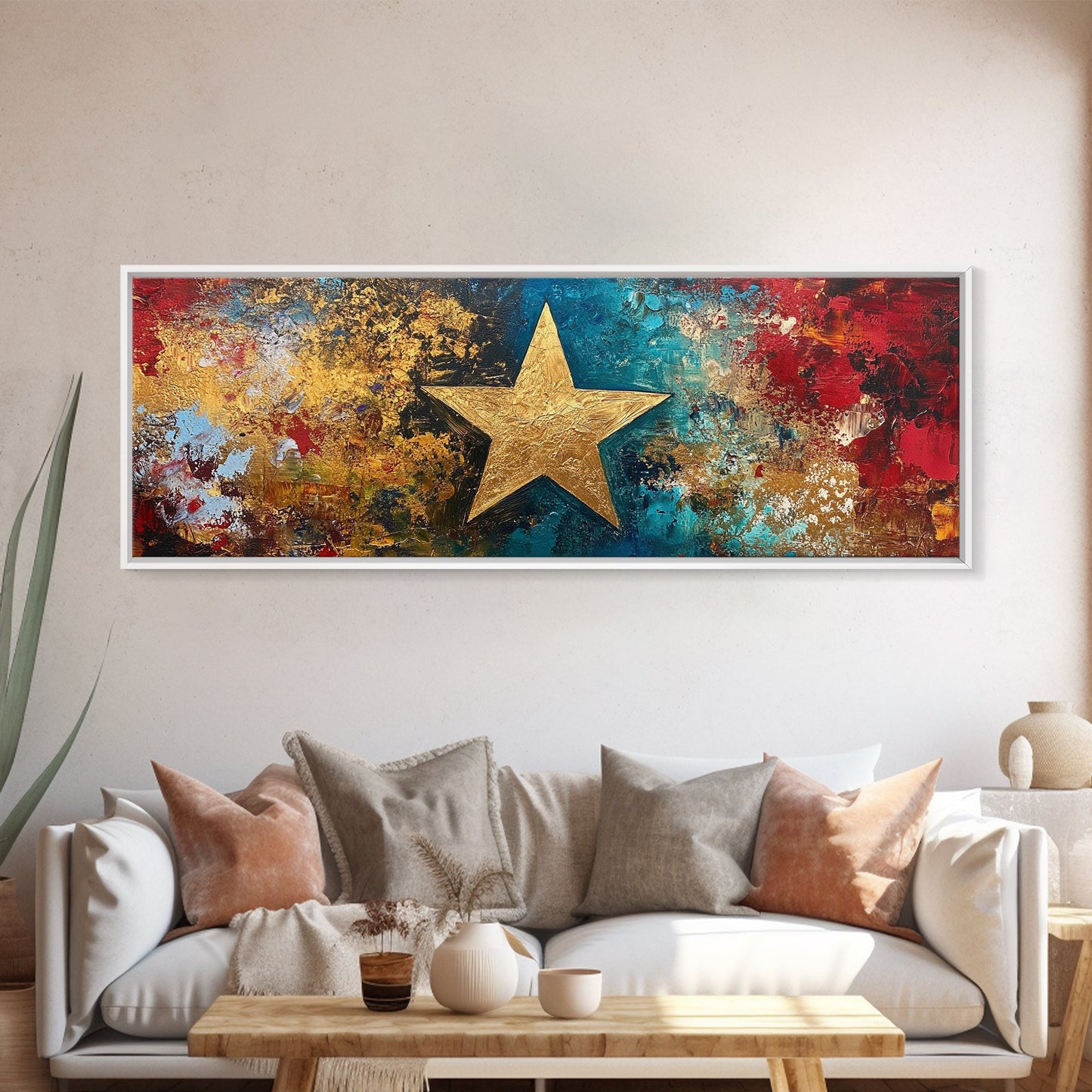 Goldener Stern, abstrakte Kunst, kräftige Farben, strukturierte Wandkunst, gerahmter Leinwanddruck, Mosaik-Wandkunst, extra breite Kunst, Kunst über dem Sofa