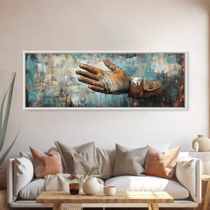 Rustikale Lederhandschuhkunst, gerahmter Leinwanddruck, Wabi-Sabi-Wandkunst, stimmungsvolle Kunst, türkisfarbene Wandkunst, extra breite Kunst, Landhauskunst