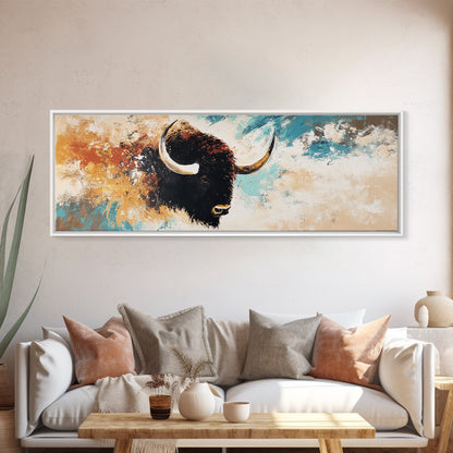 Black and White Buffalo, western wall art, rustic decor, extra wide art, moody art, minimalist painting, framed canvas print, farmhouse art