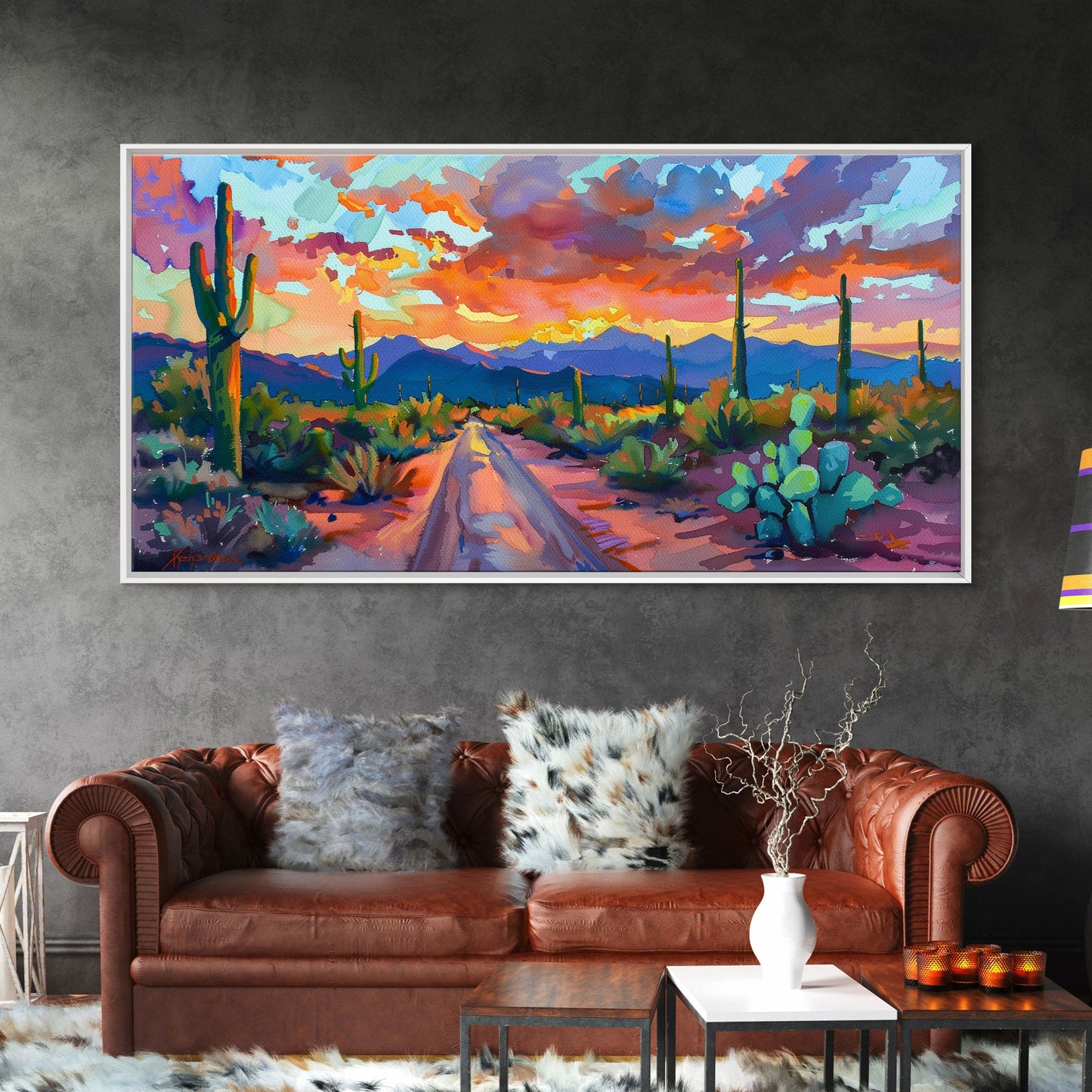 Cacti and Mountains Under Sunset Sky, Vibrant Southwestern Landscape Art, Framed Canvas Print, Boho Living Room Decor, Desert Scene