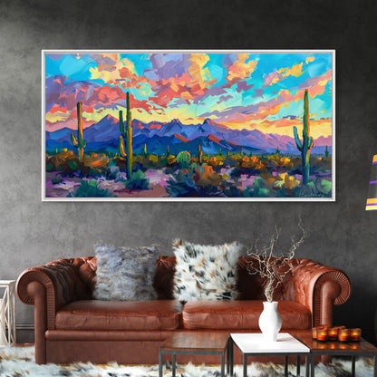 Expansive Desert Landscape at Sunset, Colorful Southwestern Art, Framed Canvas Print, Boho Living Room Wall Decor, Desert Scene