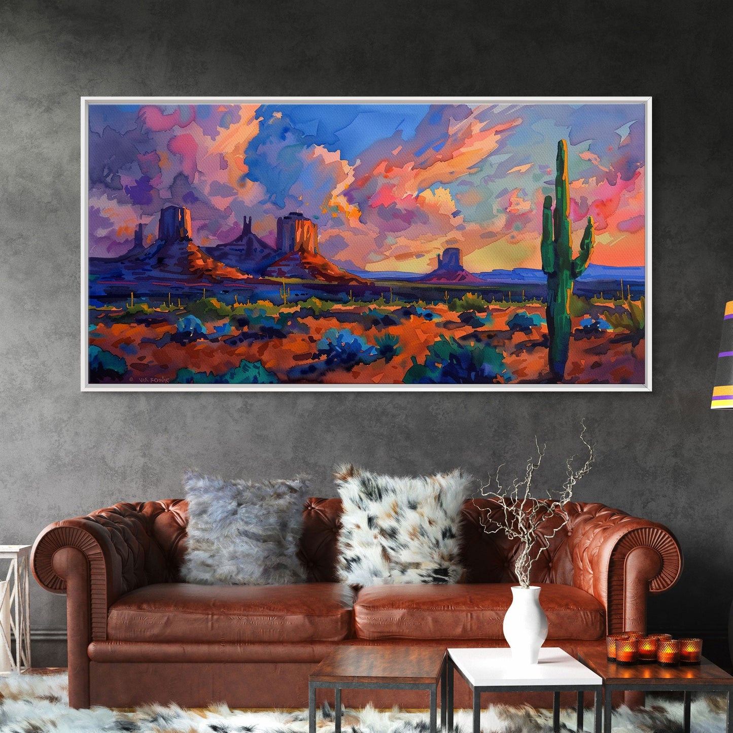 Radiant Mountain Sunset with Saguaro Cacti, Framed Canvas Print for Living Room Art, Perfect for Boho and Southwestern Decor