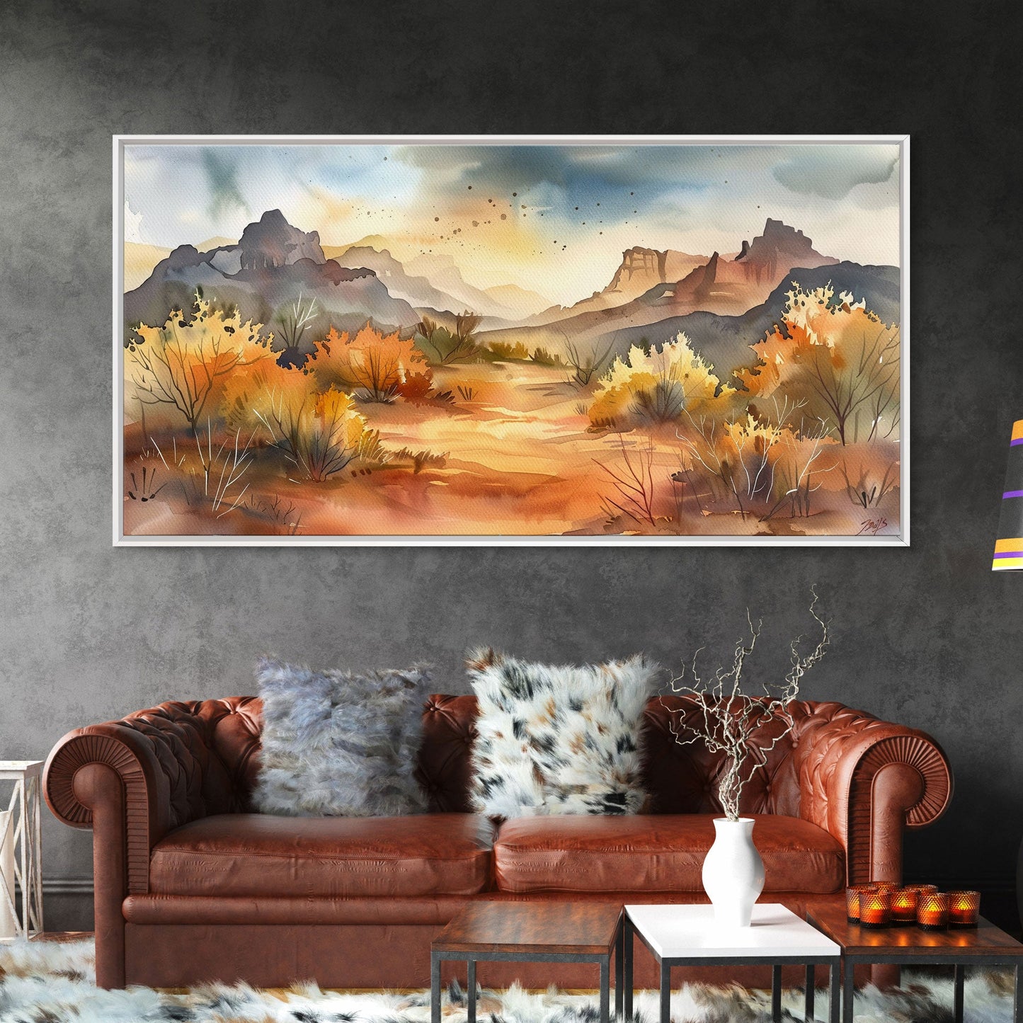 Serene Desert Landscape with Mountains and Sunlit Sky, Perfect Framed Canvas Print for Living Room, Boho Wall Art, Nature Decor