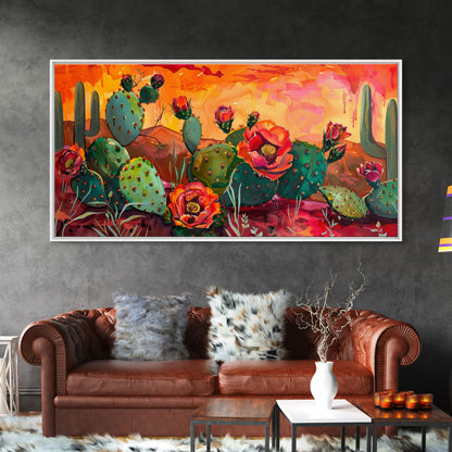 Prickly pear cacti with vibrant blooms in desert scene, Framed Canvas Print, great for modern living room, boho wall decor