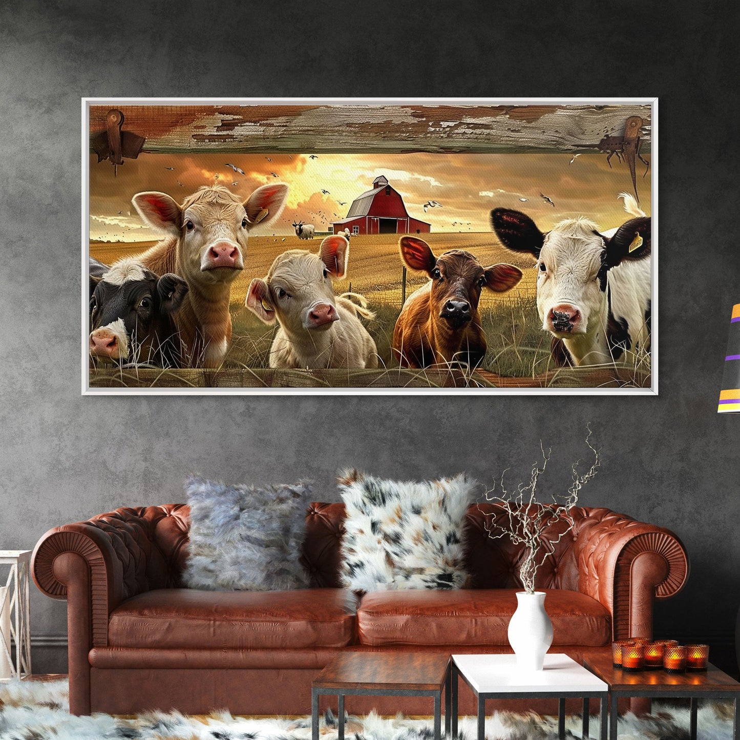 Charming desert garden with blooming cacti and sunset, Framed Canvas Print, perfect for rustic farmhouse living room art