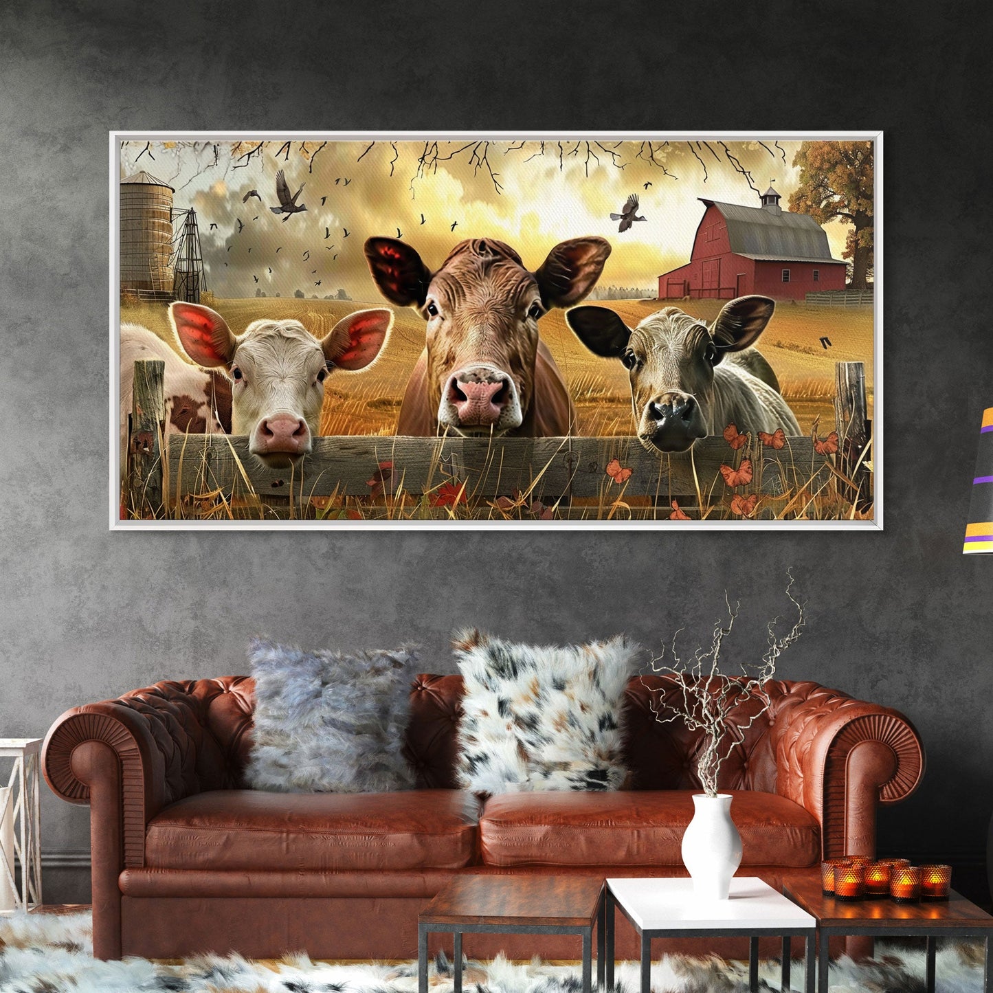 Cute cows peeking through barn fence, Framed Canvas Print, ideal for farmhouse living room, country style wall art decor