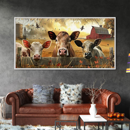 Cute cows peeking through barn fence, Framed Canvas Print, ideal for farmhouse living room, country style wall art decor