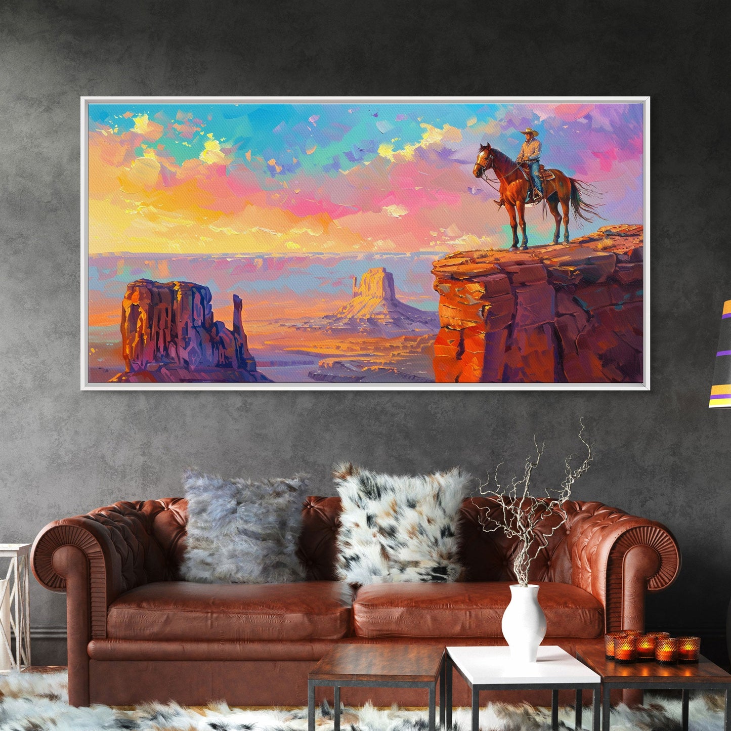 Cowboy Overlooking Monument Valley, Farmhouse Style Framed Canvas Print for Bedroom Wall Art, Rustic Home Decor, Scenic Western Landscape