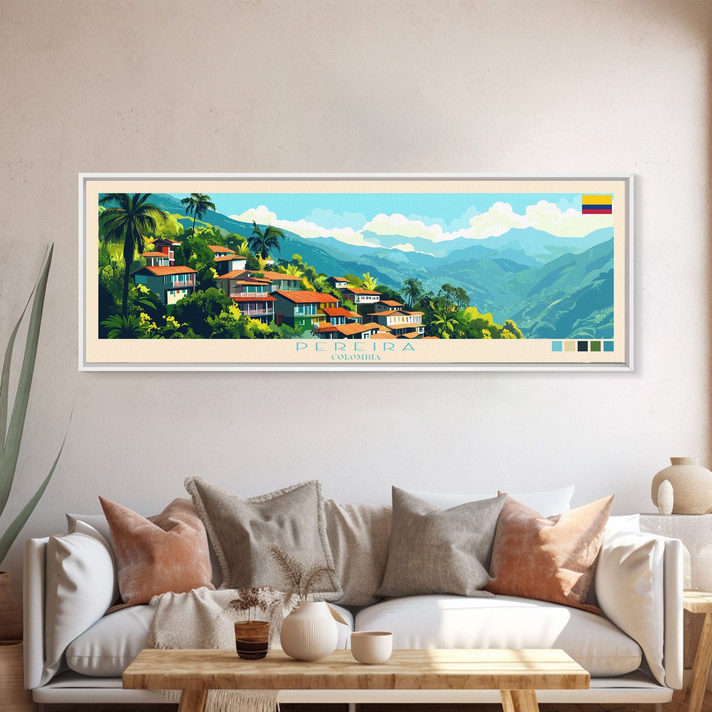 Panorama-Reiseposter Pereira, Kolumbien – Leinwanddruck, Gemälde Pereira, Kolumbien, Kunst aus Kolumbien, Reisekunst aus Pereira, Gemälde für das Gästezimmer