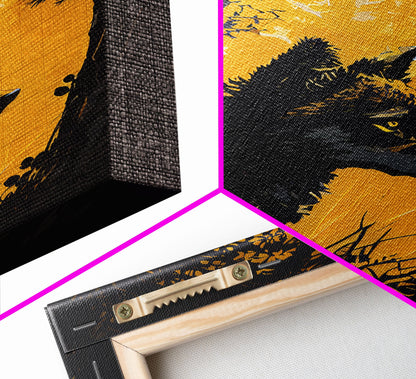 Watercolor of a wolf in the forest, framed canvas print