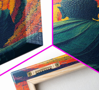 Colorful rainbow Buddha facing a ring of flowers, framed canvas print, yoga studio art