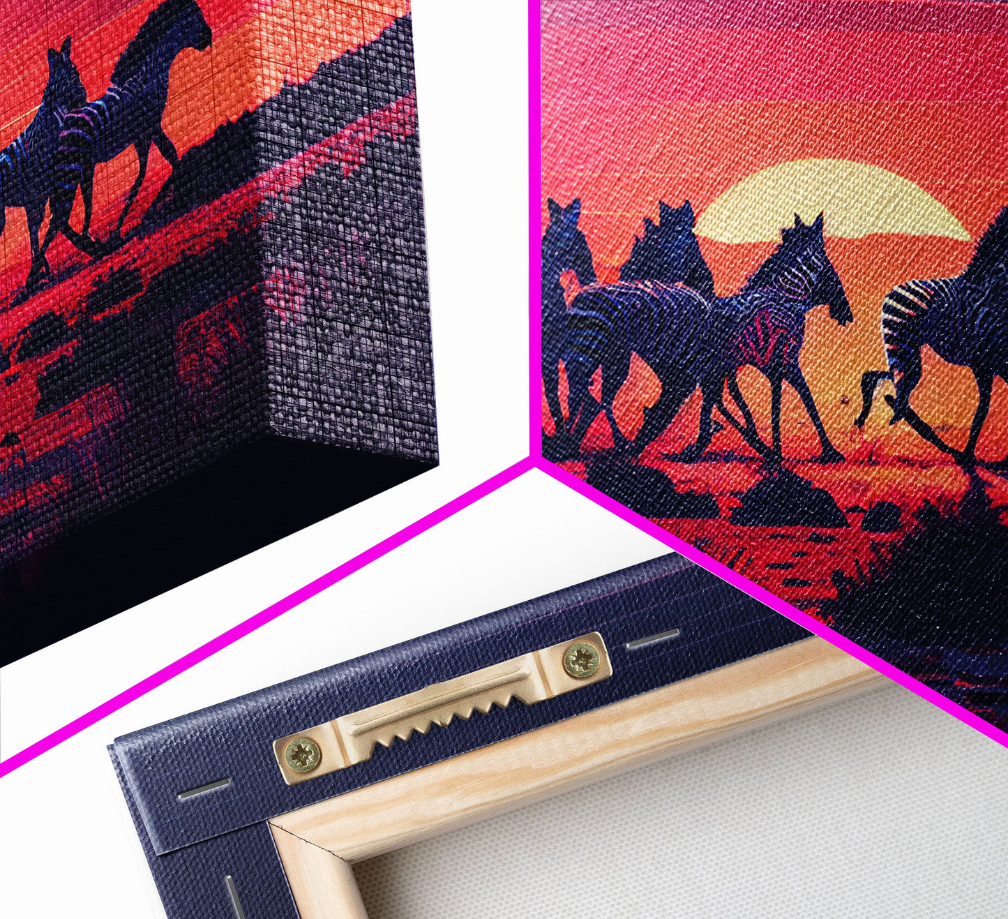 Herd of wild zebra against a beautiful African sunset, framed canvas print