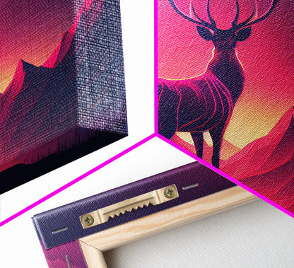 Beautiful stag and sunset, synthwave landscape art, framed canvas print, nature print, pastel and pink art