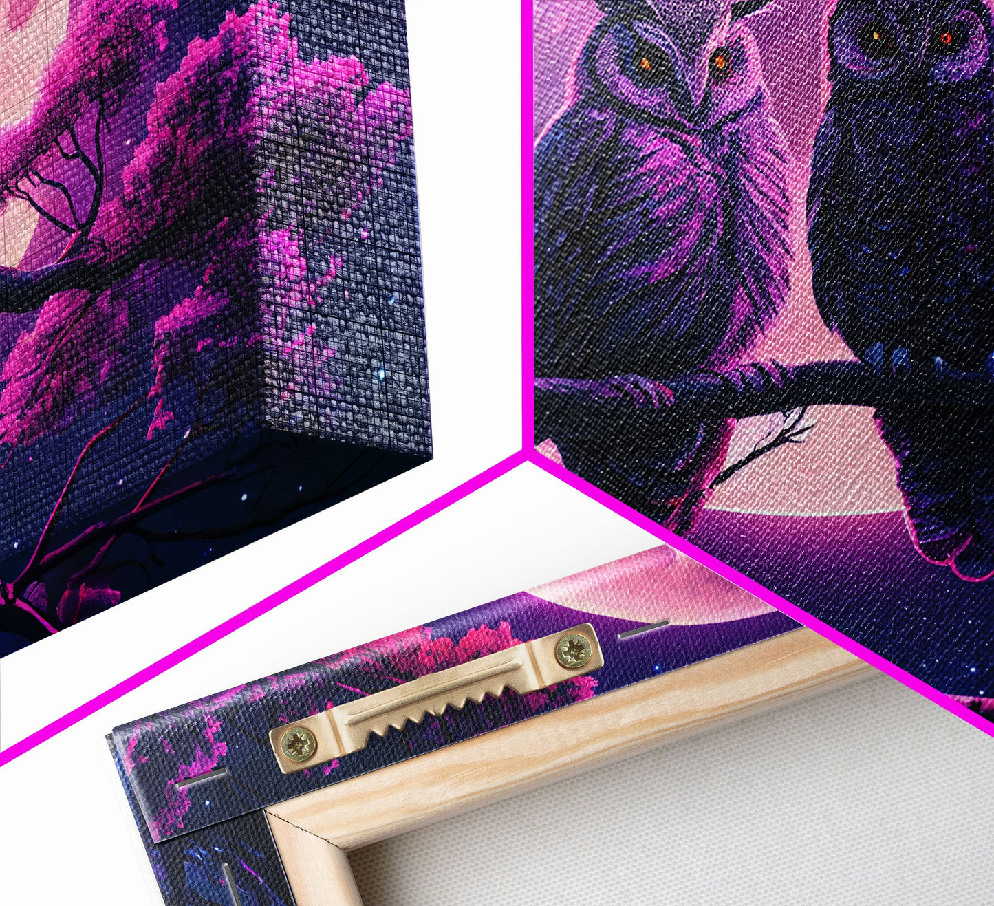 Owls at midnight, full moon and starry night sky, framed canvas print