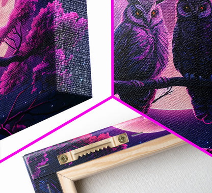 Owls at midnight, full moon and starry night sky, framed canvas print