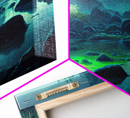 Bioluminescent glowing river, cool nature watercolor art, framed canvas print