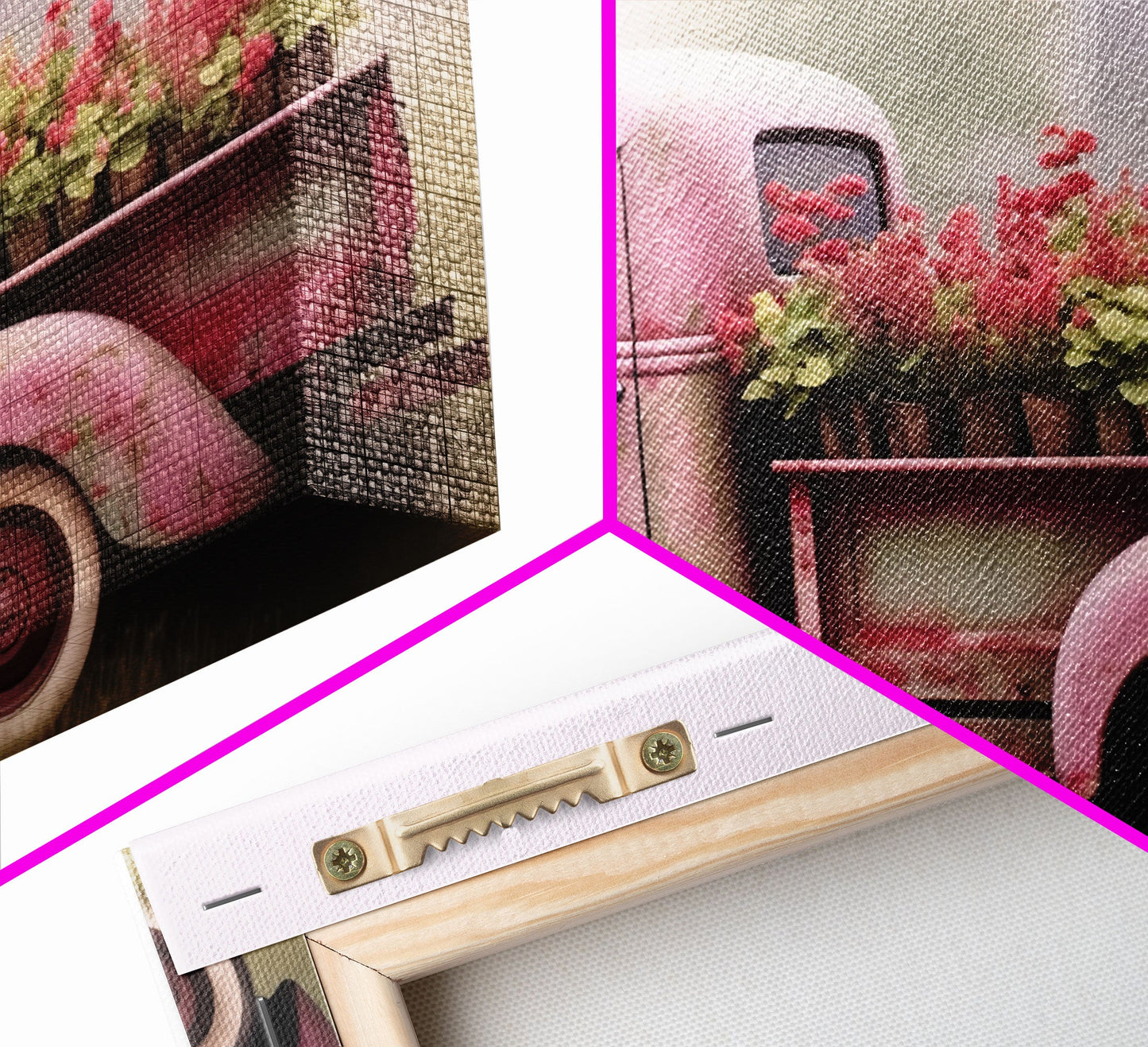 Framed Picture of old truck with beautiful flowers in bed of truck, farmhouse living, old barn, farmhouse distressed, framed canvas print