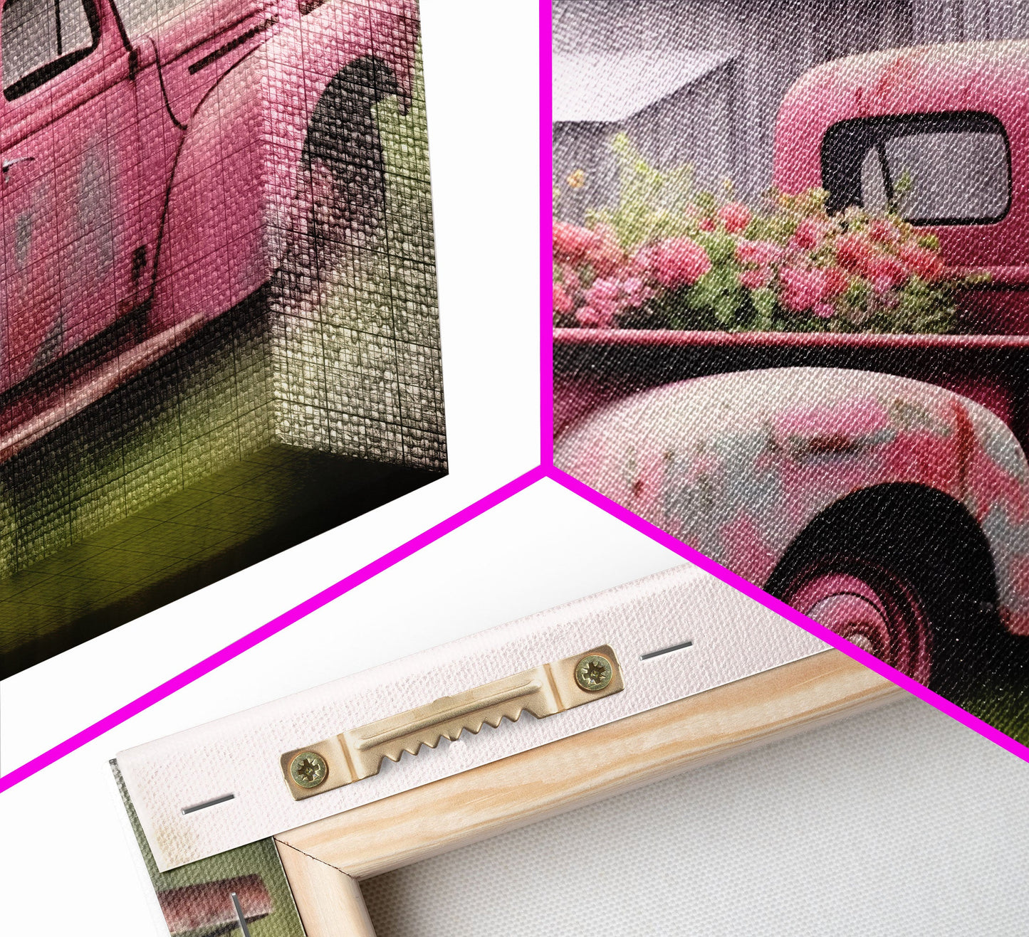Framed Picture of old truck with beautiful flowers in bed of truck, farmhouse living, old barn, farmhouse distressed, framed canvas print