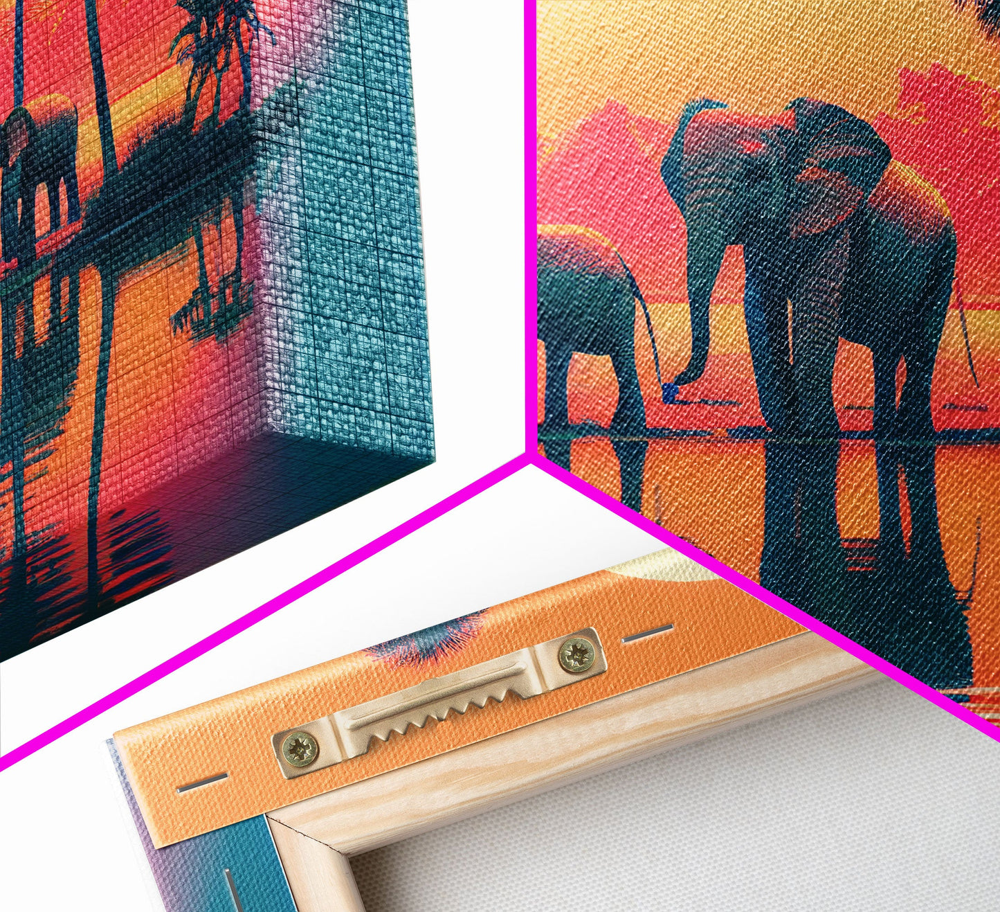 Sun beading down on a family of Elephants, framed canvas print