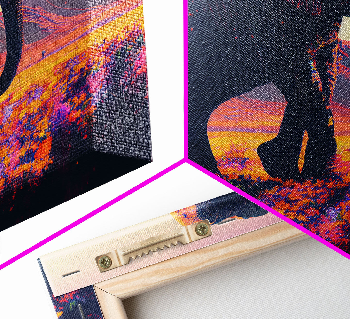 Elephants of Africa, Vibrant and colorful landscape, vaporwave, framed canvas print