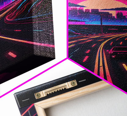 The Drive, Retrowave Outrun Style City Skyline Sunset, 80s Vibes, Framed Canvas Print