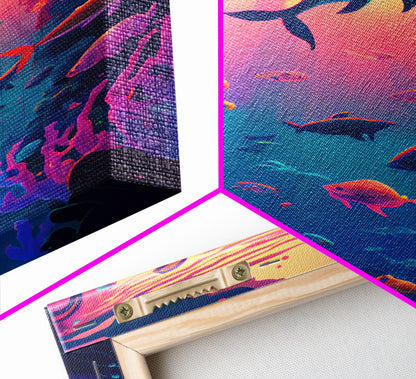 80s Vibe Under The Sea Coral Reef Art, framed canvas print, fish and reef art