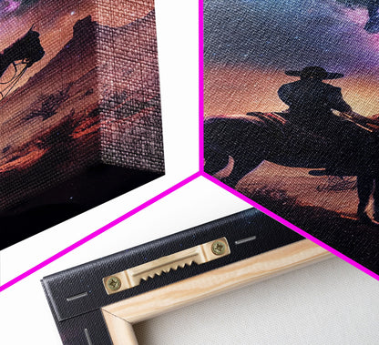 Cowboy contemplating the stars, framed canvas print