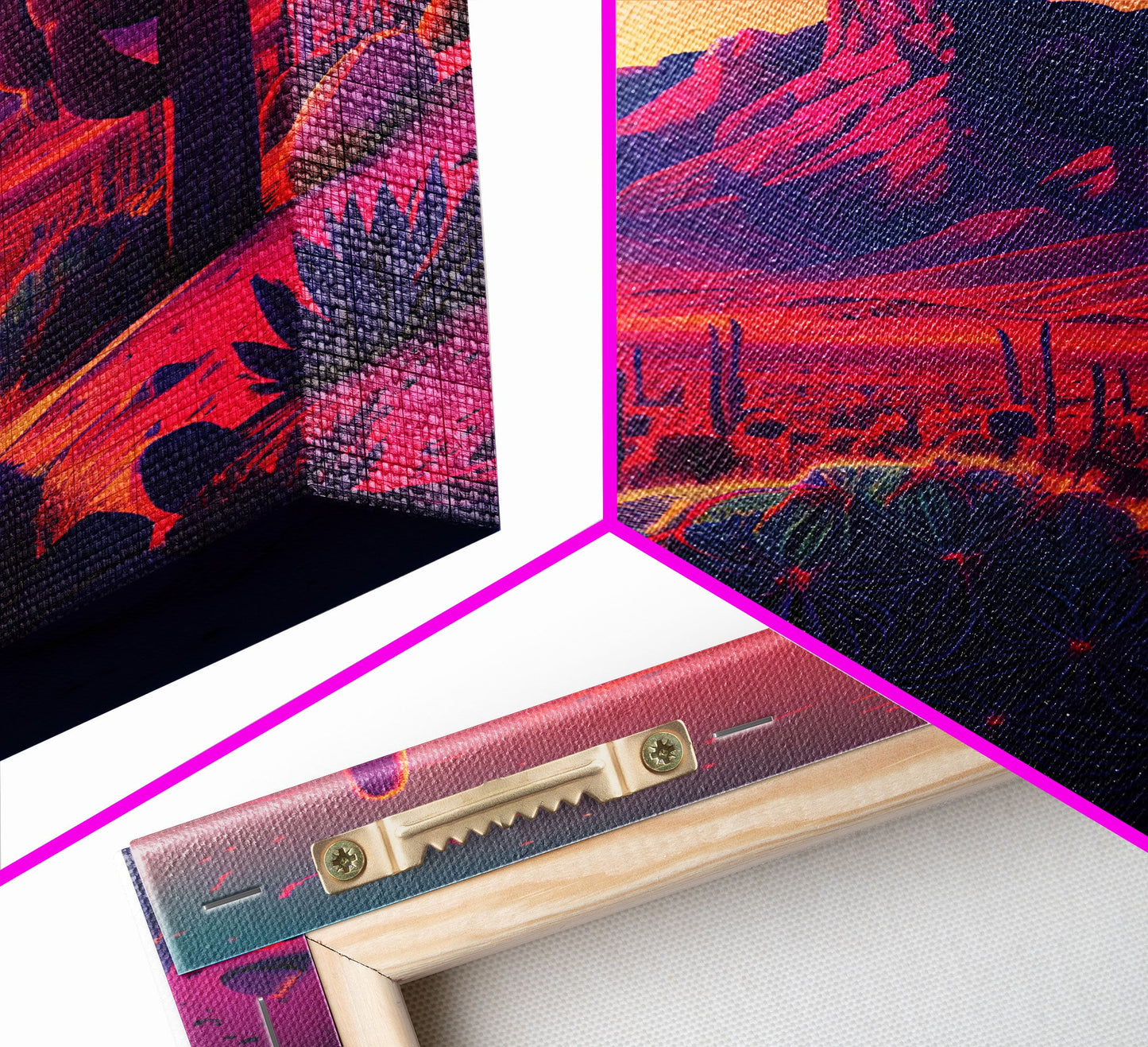 Pastel Arizona Night, Outrun Style sunset over a desert landscape with cactus, framed canvas print