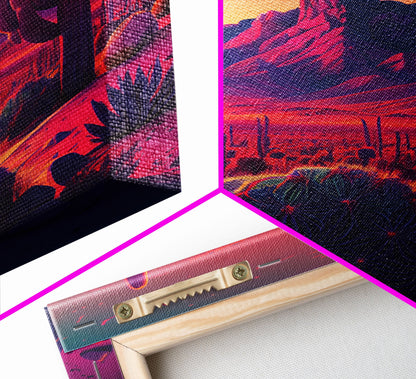 Pastel Arizona Night, Outrun Style sunset over a desert landscape with cactus, framed canvas print