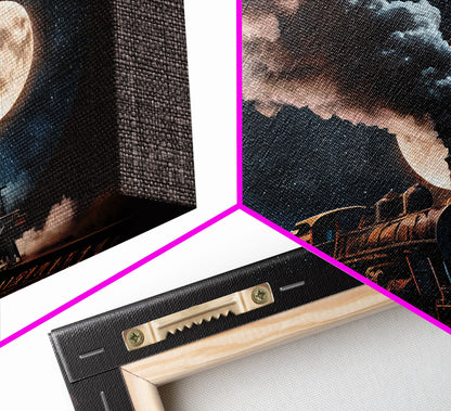 Steampunk Wild West Decor, Steam Train at Midnight, Framed Canvas Print