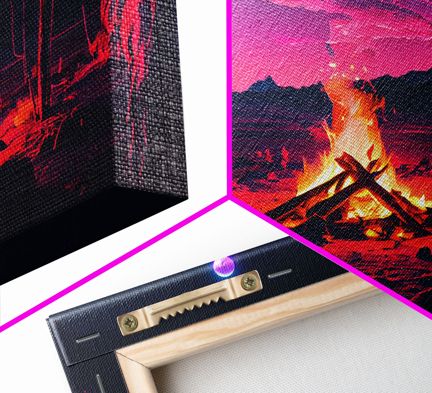 Primitive Art, Campfire Painting Print, Framed Canvas Print, Synthwave Farmhouse Decor