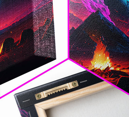 Campfire under a Full Moon, Framed canvas print, retro synthwave / outrun style primitive home decor