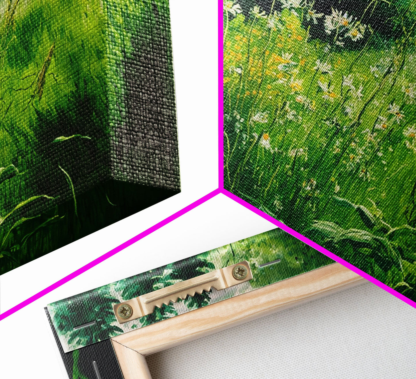 Beautiful field of wildflowers, Emerald green watercolor, framed canvas print, living room wall decor