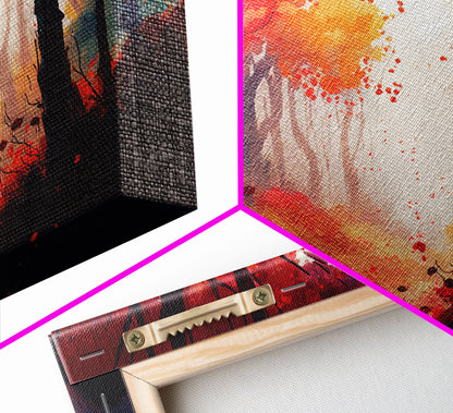 Autumn in the forest, orange and red leaves, framed canvas print, watercolor painting print on canvas, colorful wall art