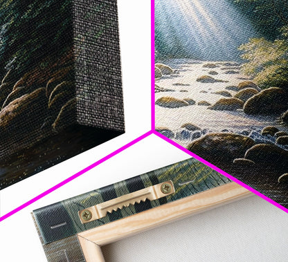 Colorful Watercolor Art, Framed Canvas Print, unique wall art, framed wall art, Landscape watercolor, Beams of Sunlight piercing the canopy