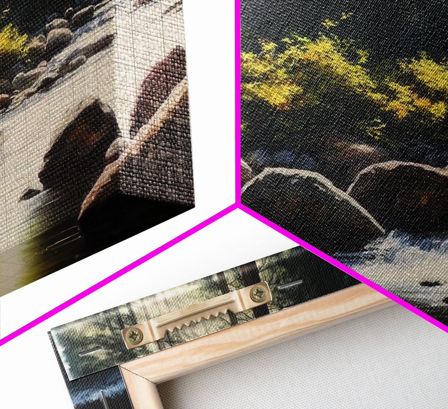 A Rocky Stream, Watercolor Art, Serene nature landscape art, framed canvas print, mouth of the river in the morning light wall art