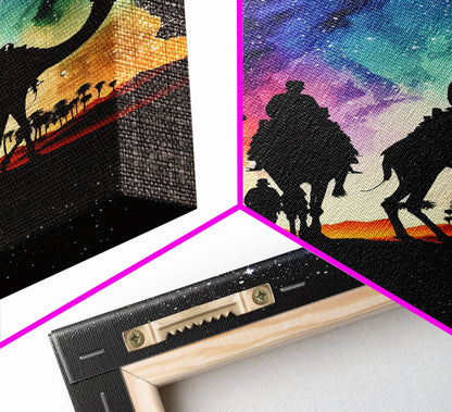 The Three Wise Men, Framed Canvas Print, Colorful Rainbow Art, 3 Wise Men, Camel Art, Starry Night Sky