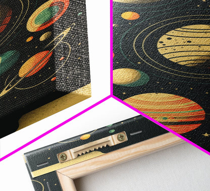 Art Deco Inspired Planetary Solar System Art, Framed Canvas Print, Cute Nursery Decor