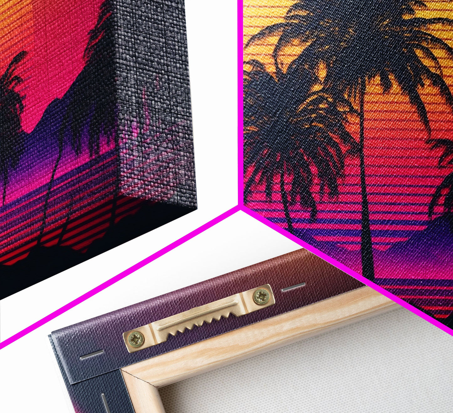 Synthwave Sunset Behind Beautiful Palm Trees, 1980s Style Retro Home Decor, Framed Canvas Print
