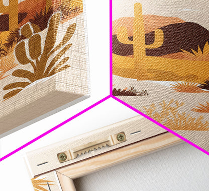 Boho Style Desert Art, Framed Canvas Print, Pueblo Style Cactus and Desert Landscape Art