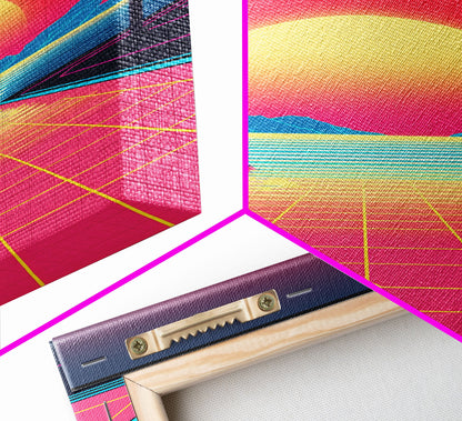 Retro Synthwave Sunset Canvas Print w/ Infinite Pool & Palm Trees | Framed Wall Decor | Framed Canvas Prints | Living Room Decor