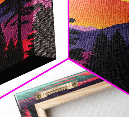 Pacific Northwest Pop Art, Framed Canvas Prints, Washington State, Pine Tree Forest and Mountain Landscape at Sunset, Vibrant Art
