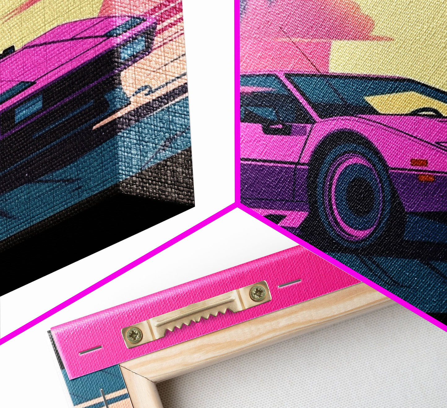 Classic sport car Wall Art, Framed Canvas Print, Guest room art, Beautiful sunset, Synthwave Style, Pink Colors, Pop Art Style, Tropical art
