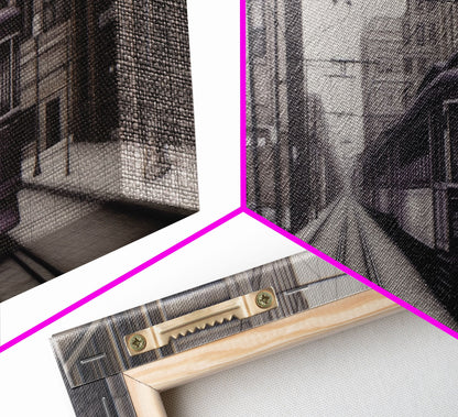 Straßenbahn-Kunstdruck, Lila Zug, Perspektivische Kunst, Stadtbild, Urbaner Leinwanddruck, Panorama, Wandkunst, Leinwanddruck