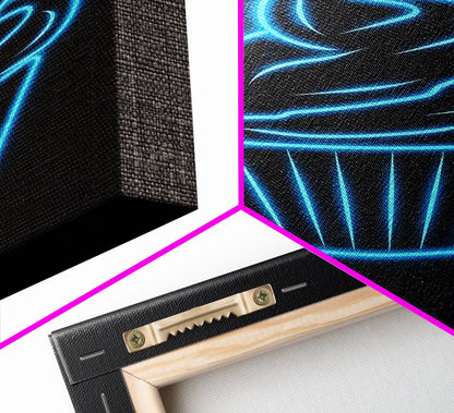 Blue Neon Lights Cupcake Wall Decor, Kitchen Wall Art, Glowing Art, Minimalist Print, Wall Decor, Canvas Print, Wall Art, Framed Canvas